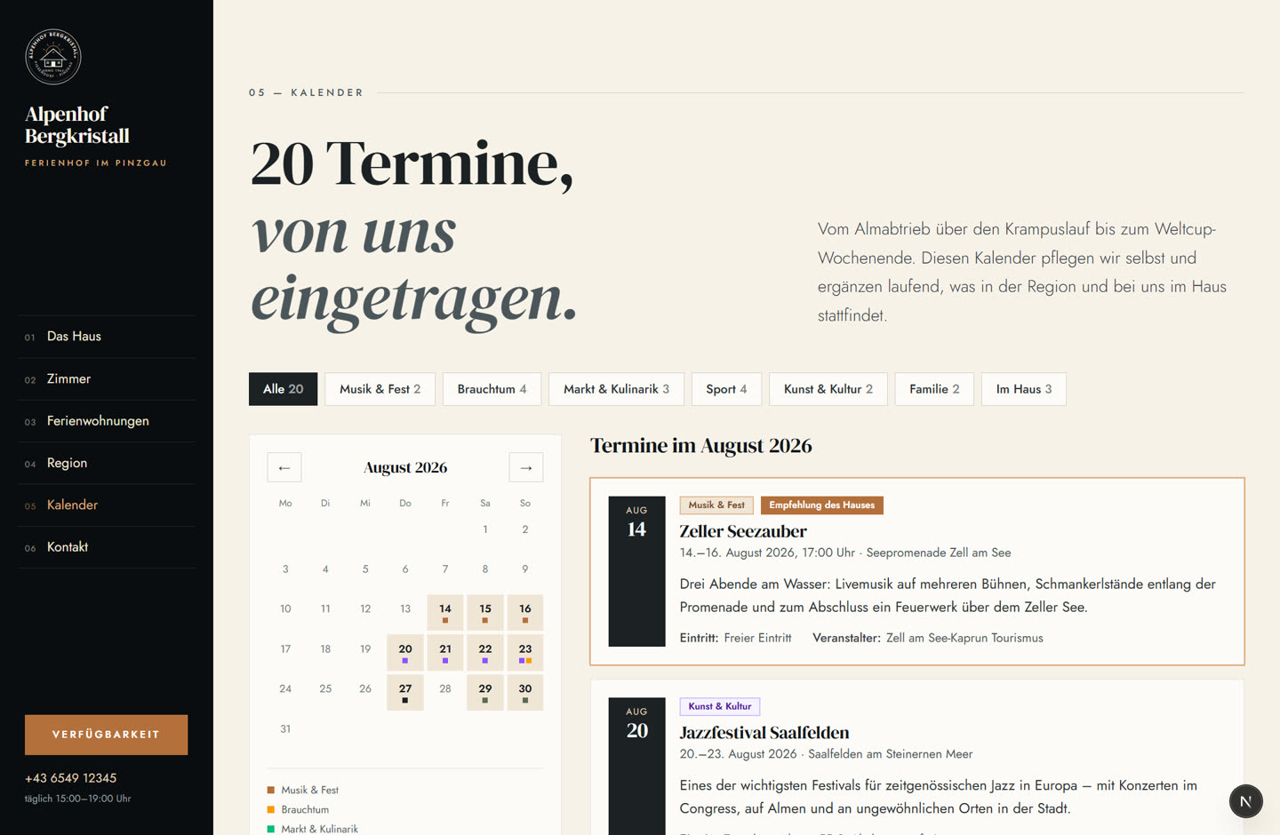 Veranstaltungskalender mit Monatsraster und Terminliste, vom Gastgeber selbst gepflegt